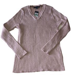 Tommy Hilfiger Women’s Pink Gold metallic Knit Ribbed V-Neck Ivy Sweater Large